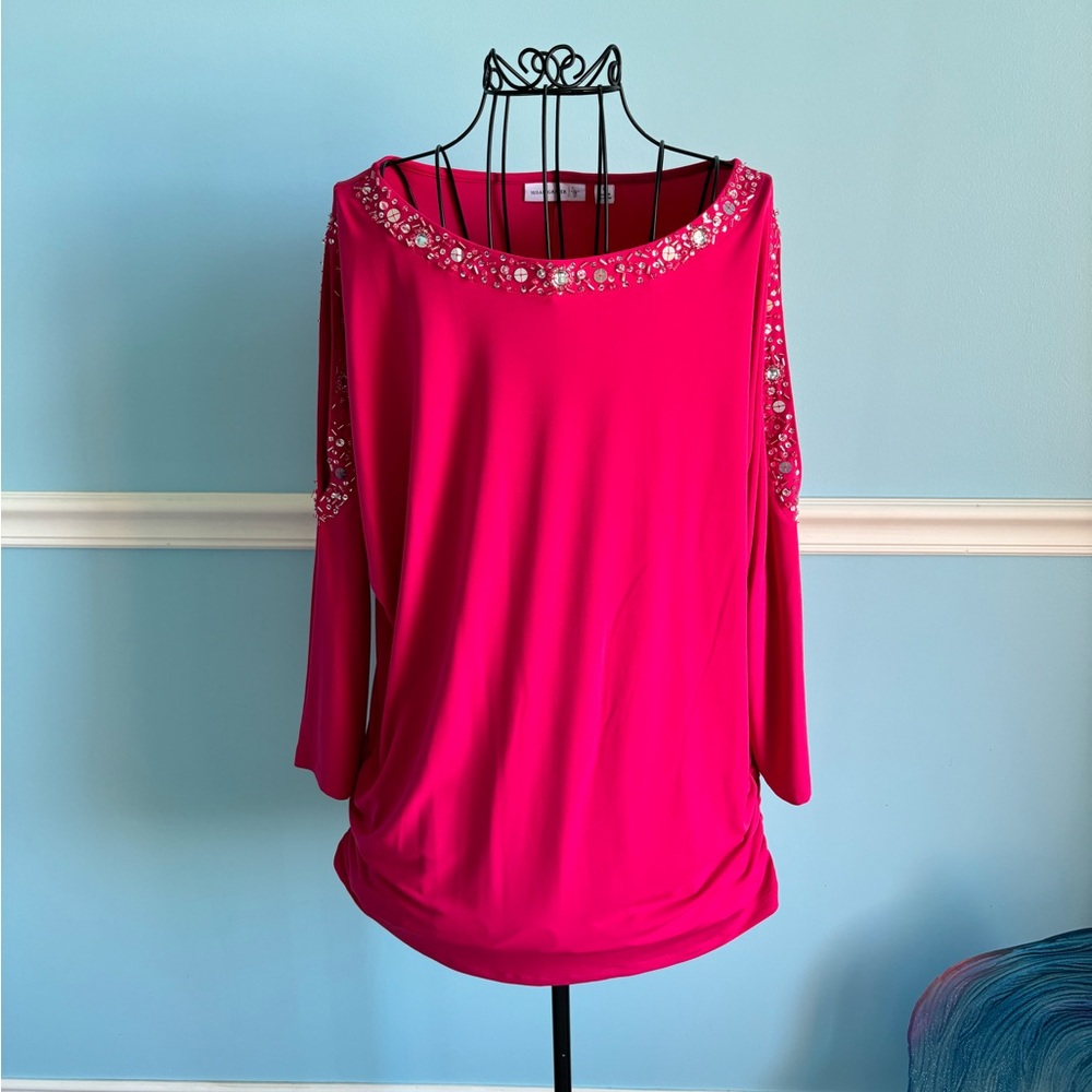 Susan Graver Open Shoulder Jeweled Pink Top